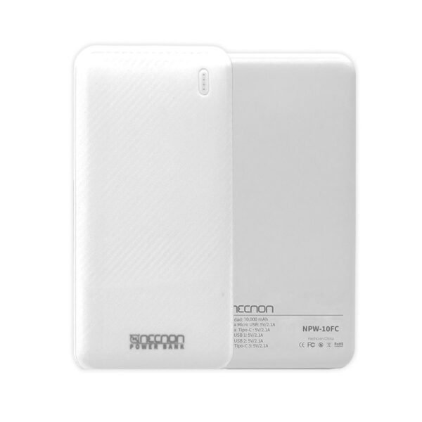 NPW-10FC BLANCO 3 POWERBANK NPW-10FC 10000mAh CARGA 2.1A 2 A 3 CARGAS INDICADOR LED ENTRADA Y SALIDA TIP0 C BLANCO CARGA ACELERADA