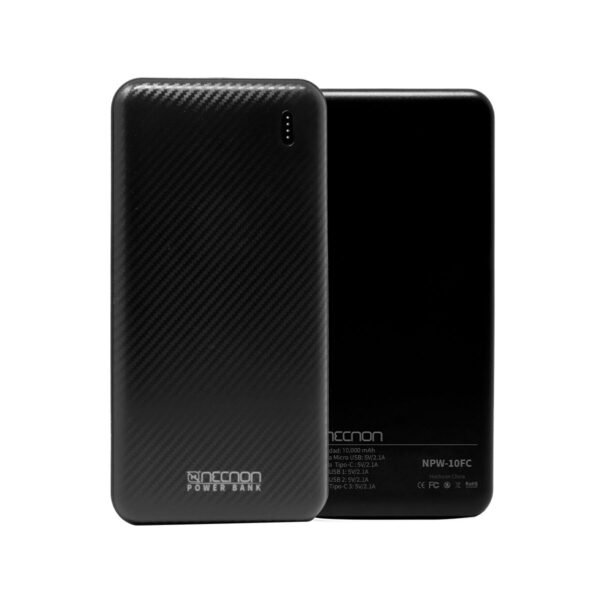 NPW-10FC NEGRO 1 POWERBANK NPW-10FC 10000mAh CARGA 2.1A 2 A 3 CARGAS INDICADOR LED ENTRADA Y SALIDA TIPO C NEGRO CARGA ACELERADA