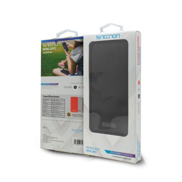 NPW-10FC NEGRO 2 POWERBANK NPW-10FC 10000mAh CARGA 2.1A 2 A 3 CARGAS INDICADOR LED ENTRADA Y SALIDA TIPO C NEGRO CARGA ACELERADA