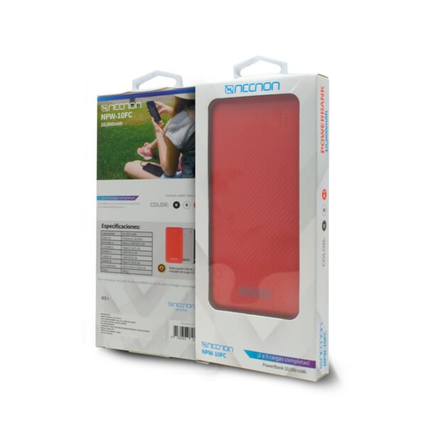 NPW-10FC ROJO 1 POWERBANK NPW-10FC 10000mAh CARGA 2.1A 2 A 3 CARGAS INDICADOR LED ENTRADA Y SALIDA TIPO C ROJO CARGA ACELERADA